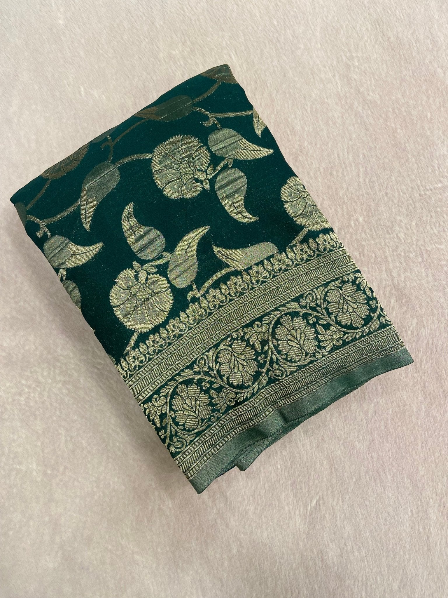 Premium Crush Georgette Saree (Bottle green) - Kanjeevaram Silk Mandir