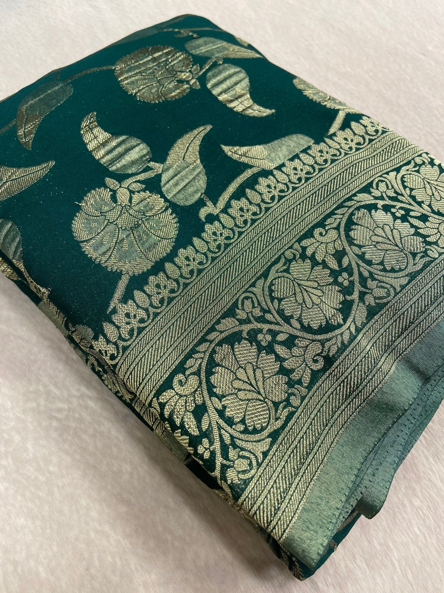 Premium Crush Georgette Saree (Bottle green) - Kanjeevaram Silk Mandir