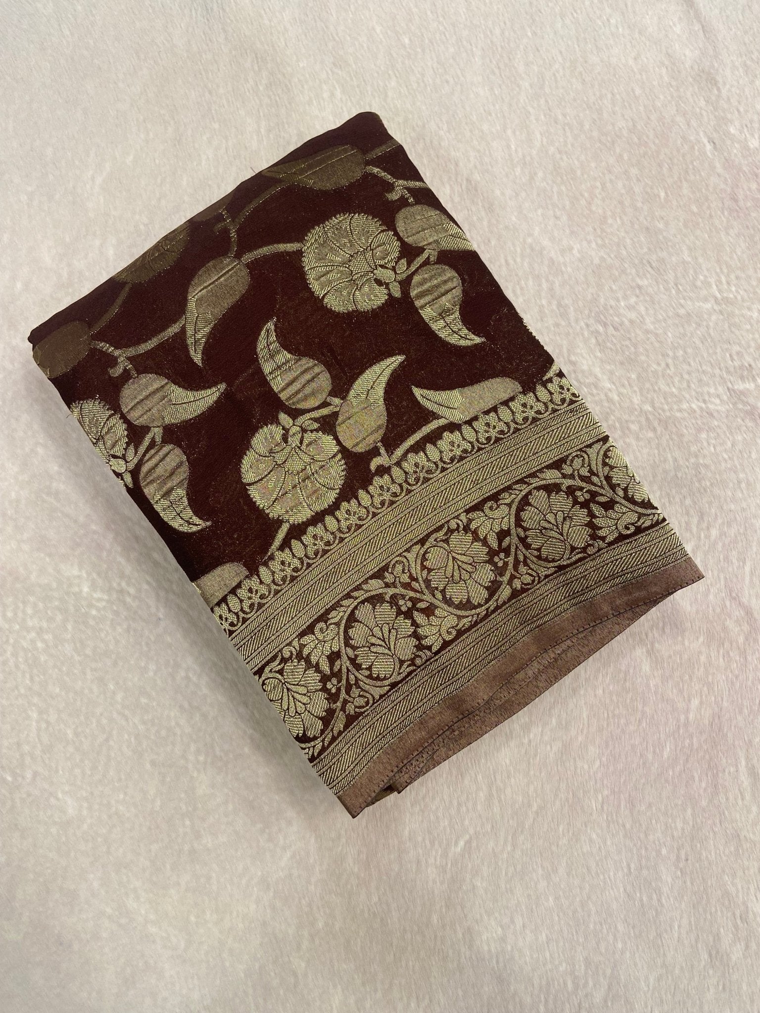 Premium Crush Georgette Saree (Brown) - Kanjeevaram Silk Mandir