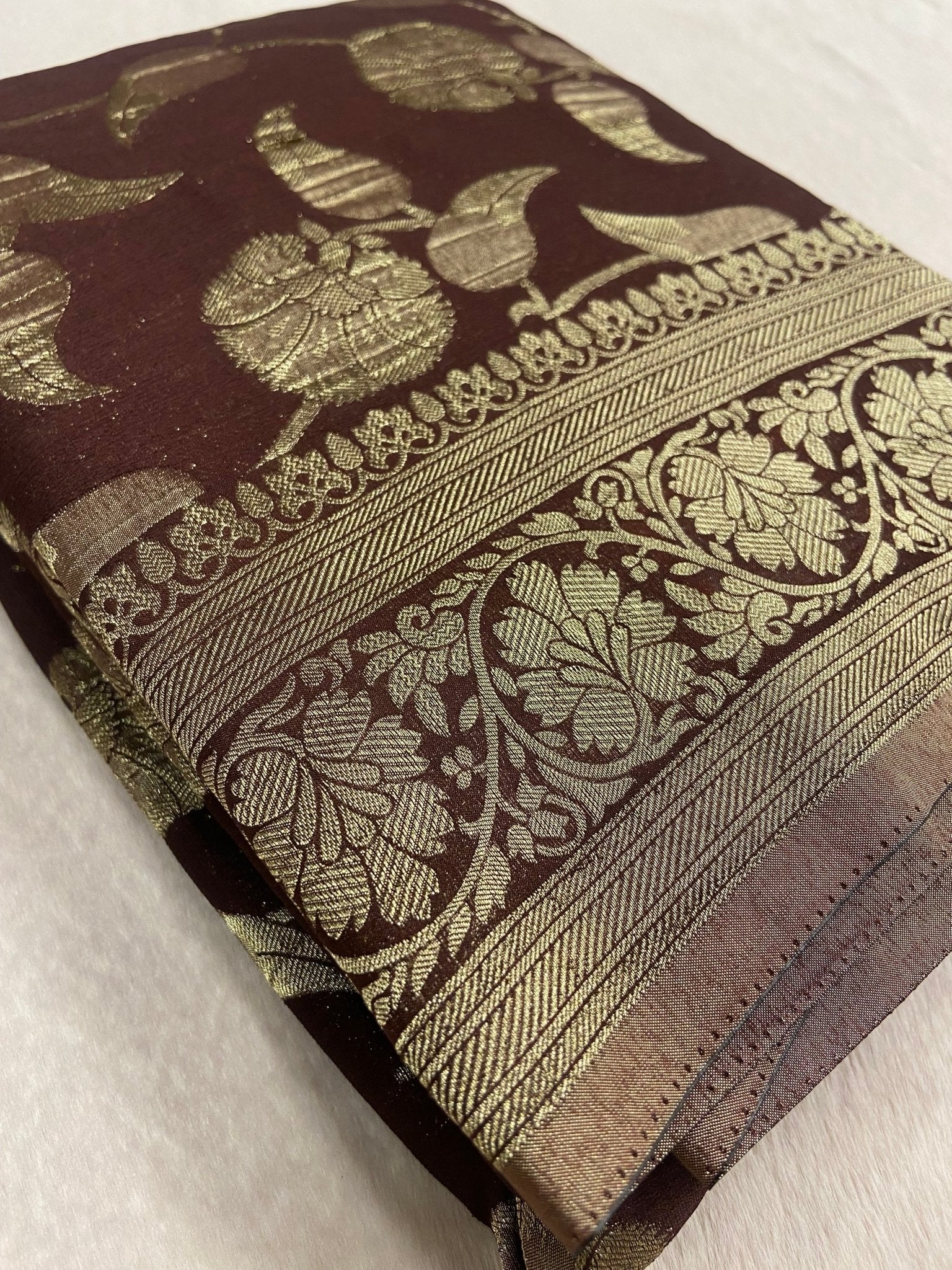 Premium Crush Georgette Saree (Brown) - Kanjeevaram Silk Mandir