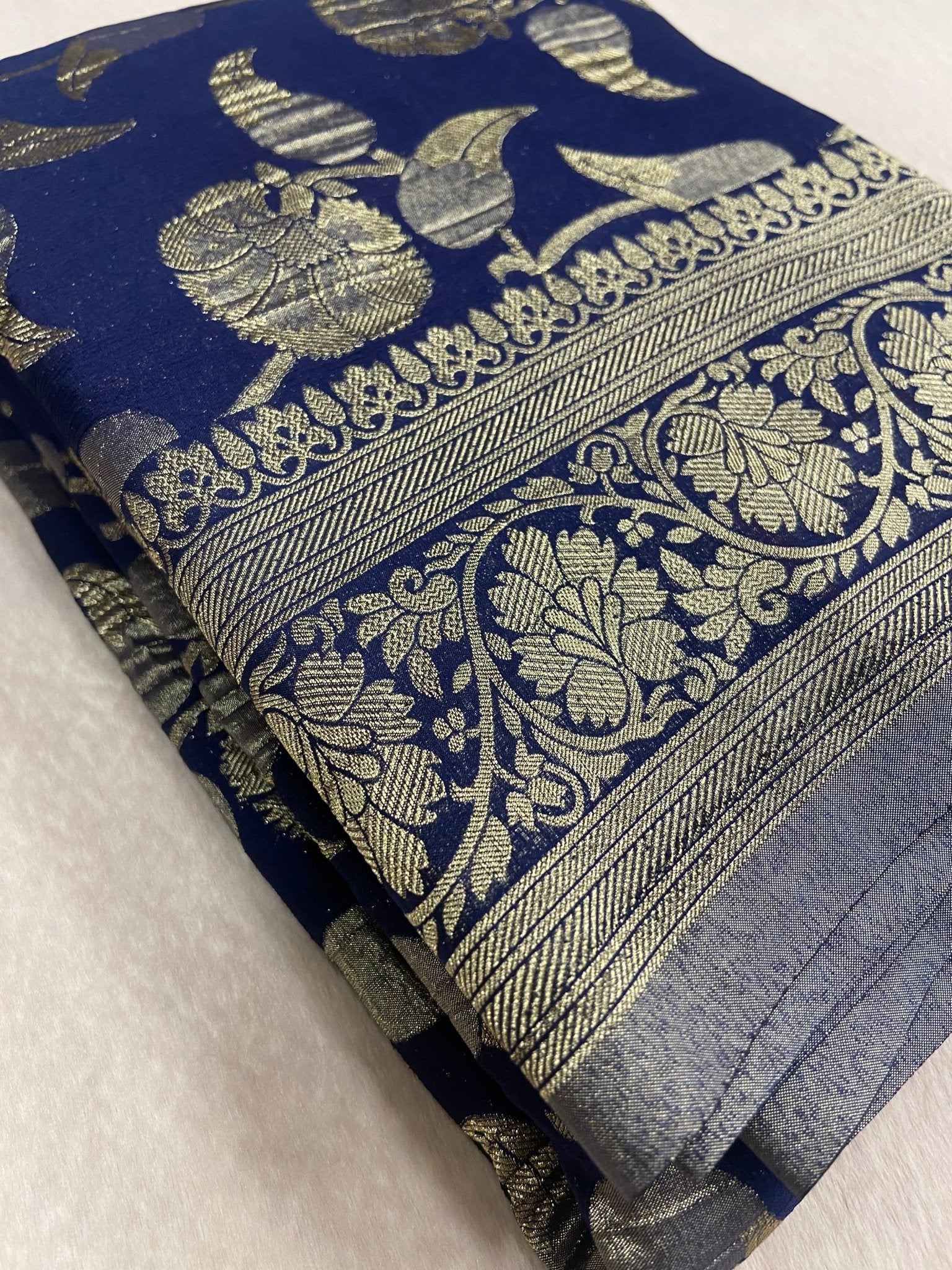 Premium Crush Georgette Saree (Navy Blue) - Kanjeevaram Silk Mandir