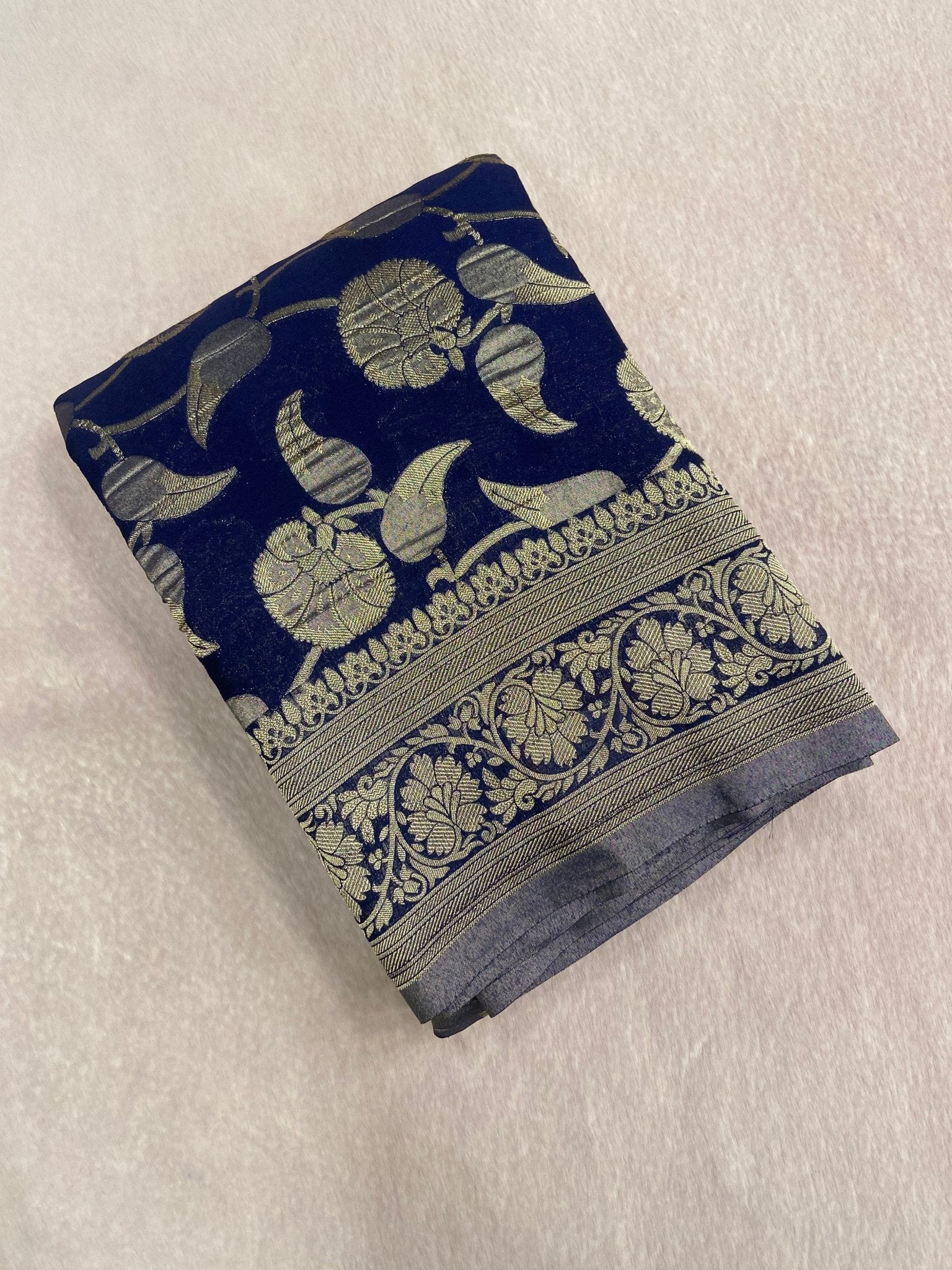Premium Crush Georgette Saree (Navy Blue) - Kanjeevaram Silk Mandir