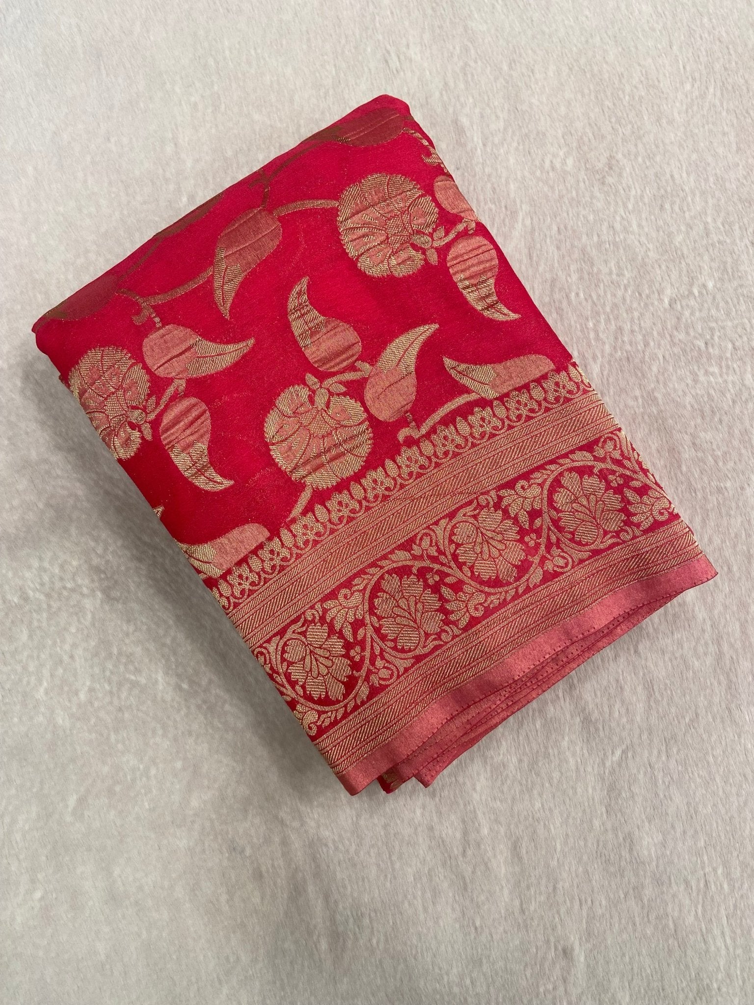 Premium Crush Georgette Saree (Peach) - Kanjeevaram Silk Mandir