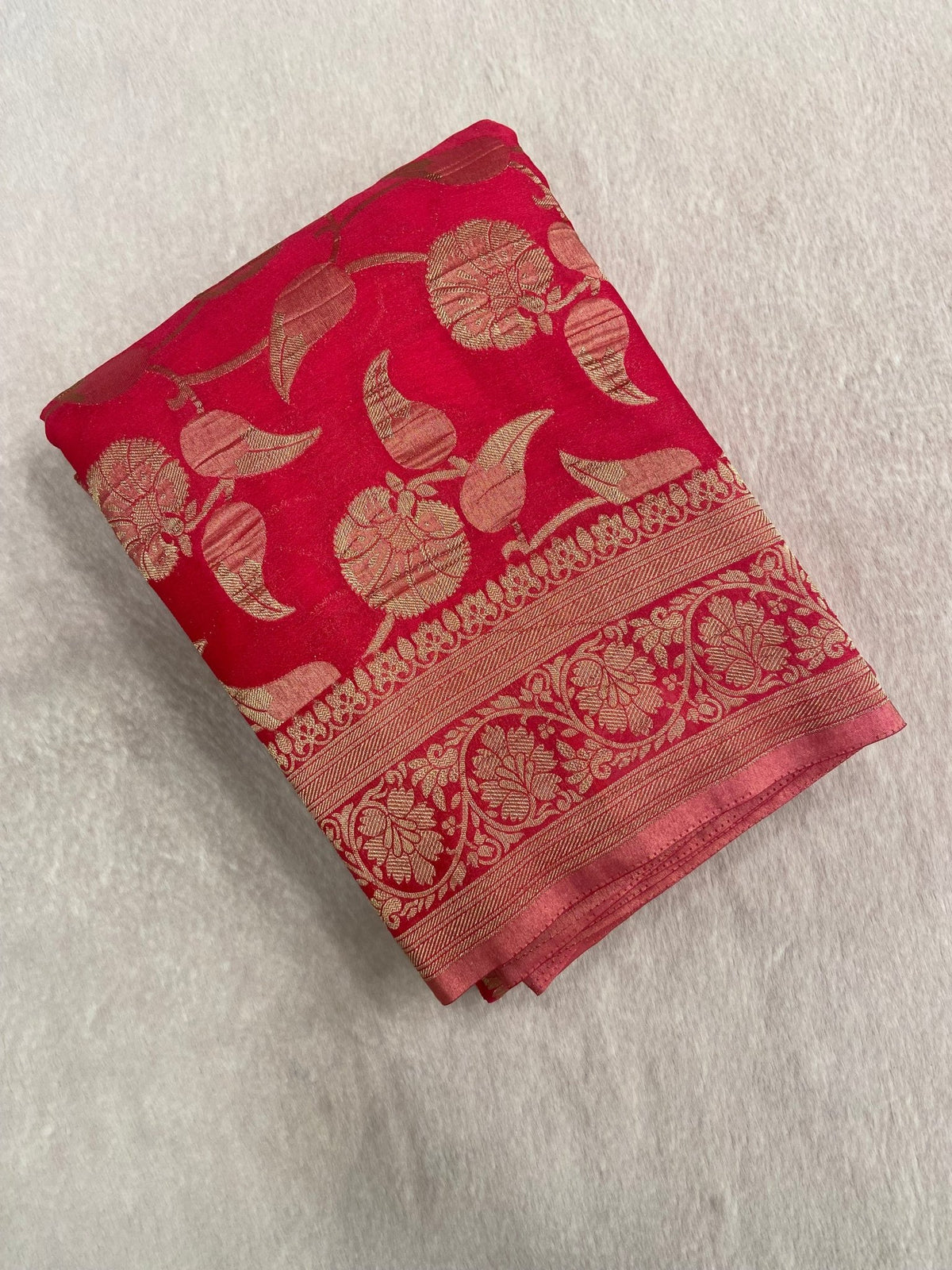 Premium Crush Georgette Saree (Peach) - Kanjeevaram Silk Mandir
