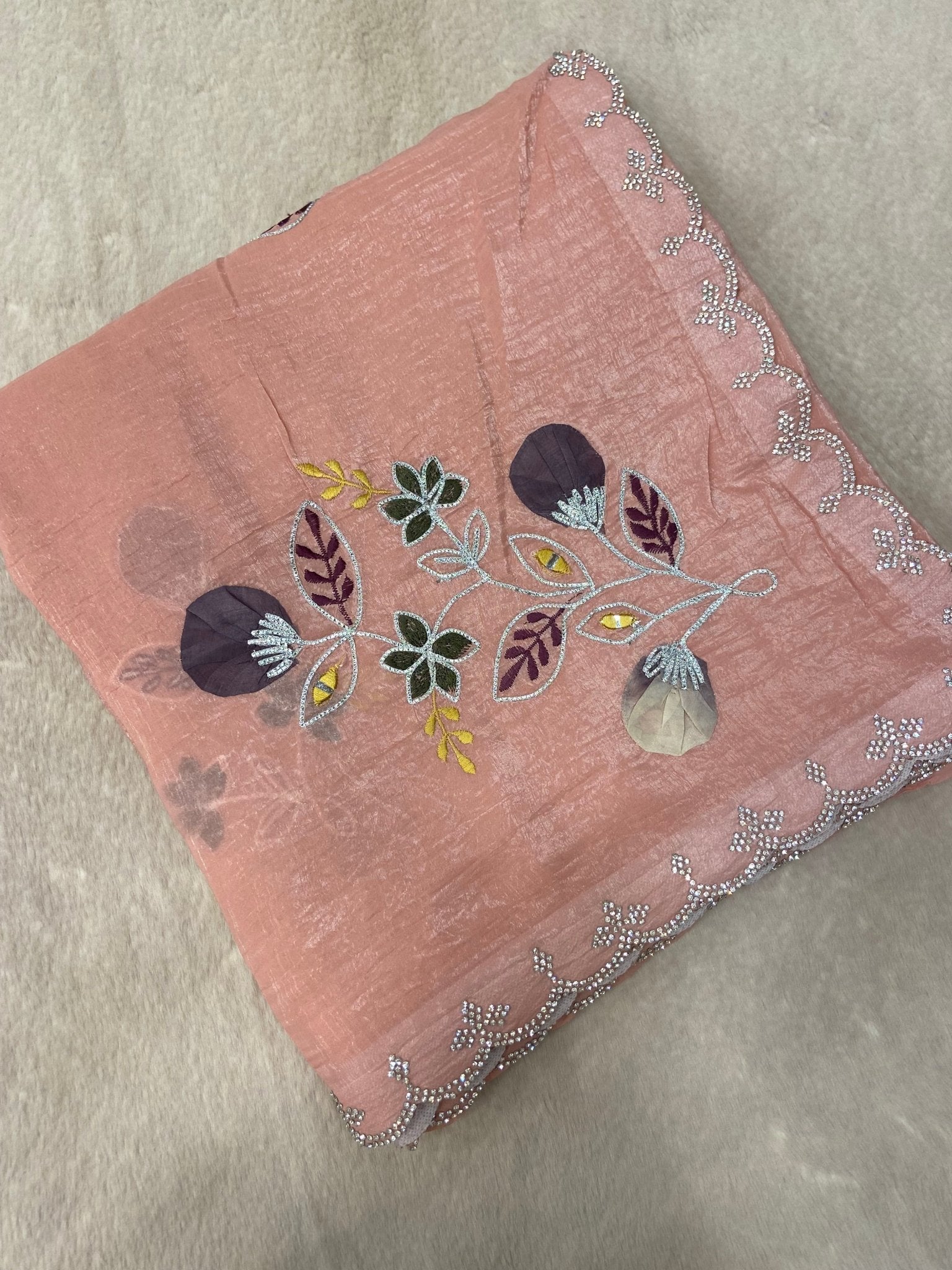 Premium Crush Organza Saree (peach) - Kanjeevaram Silk Mandir
