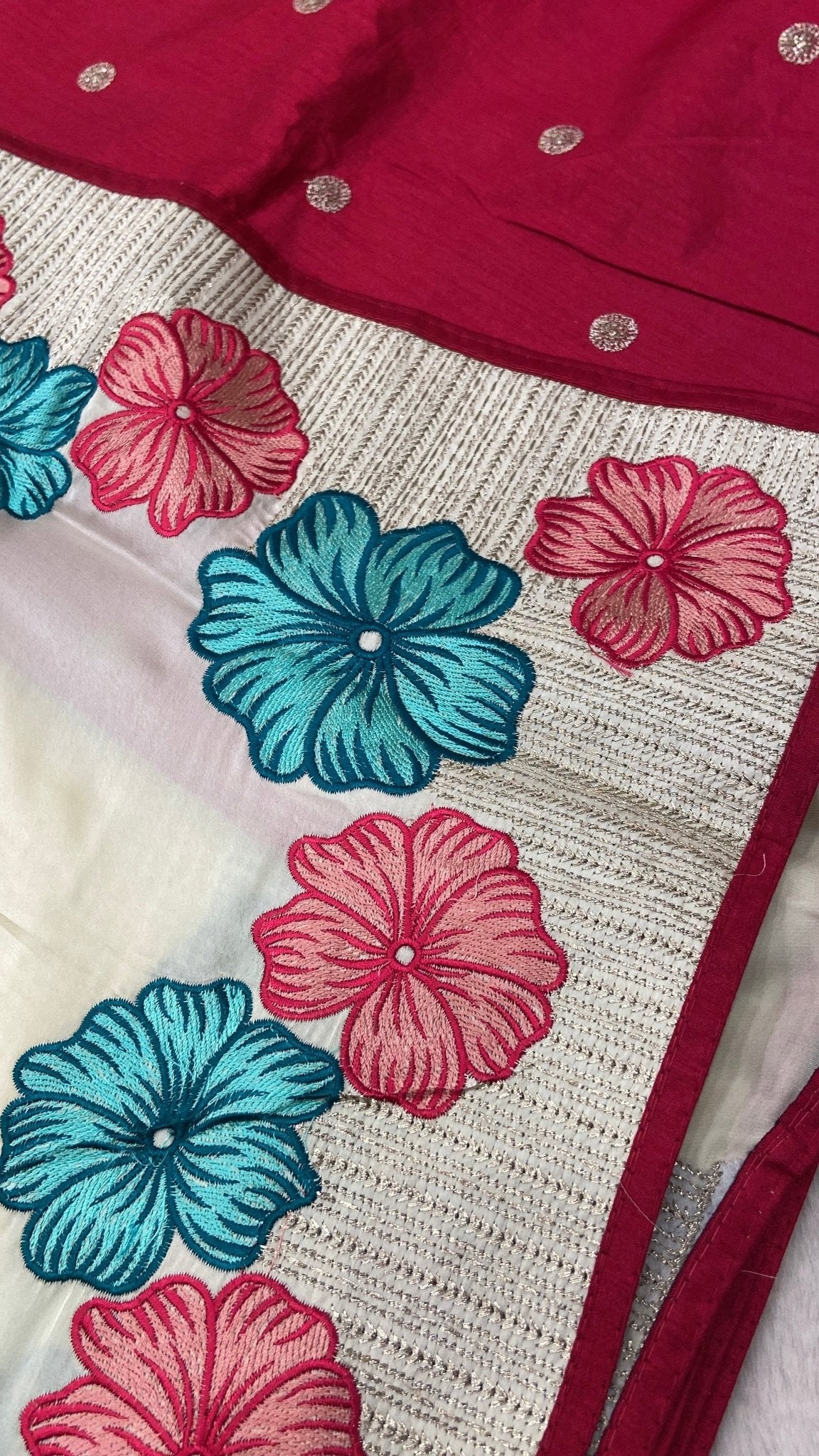 Premium Flora Crepe Silk Saree With Embroidery Border - Kanjeevaram Silk Mandir