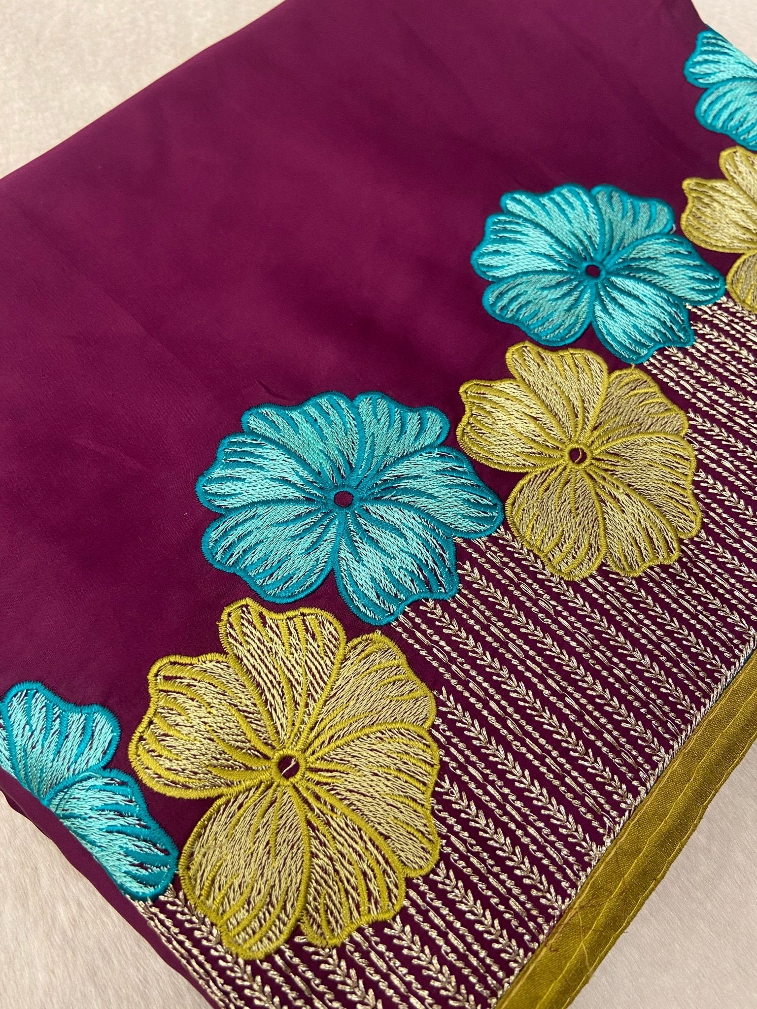 Premium Flora Crepe Silk Saree With Embroidery Border - Kanjeevaram Silk Mandir