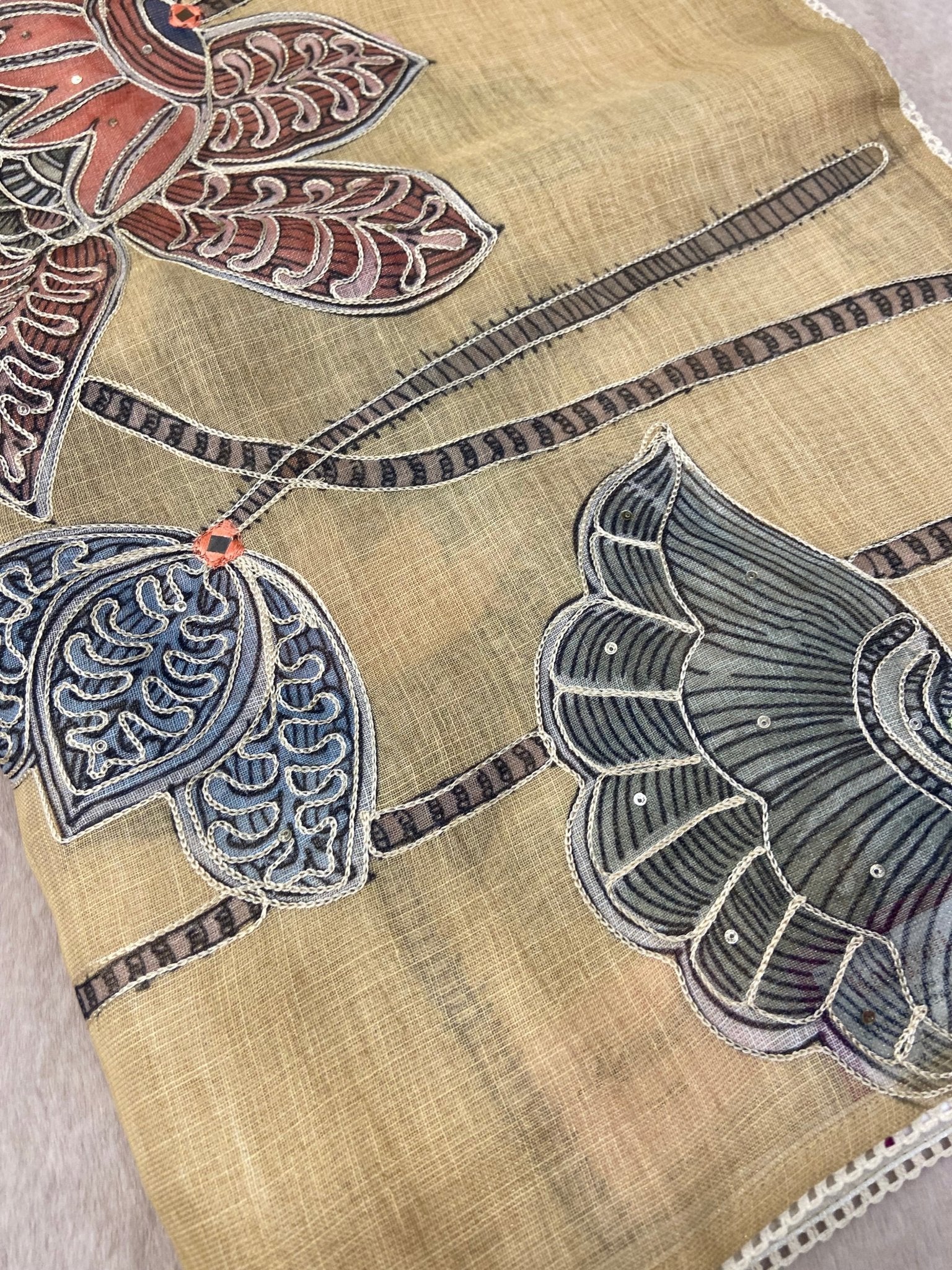 Premium Linen Tissue Saree With Applique Work - Kanjeevaram Silk Mandir
