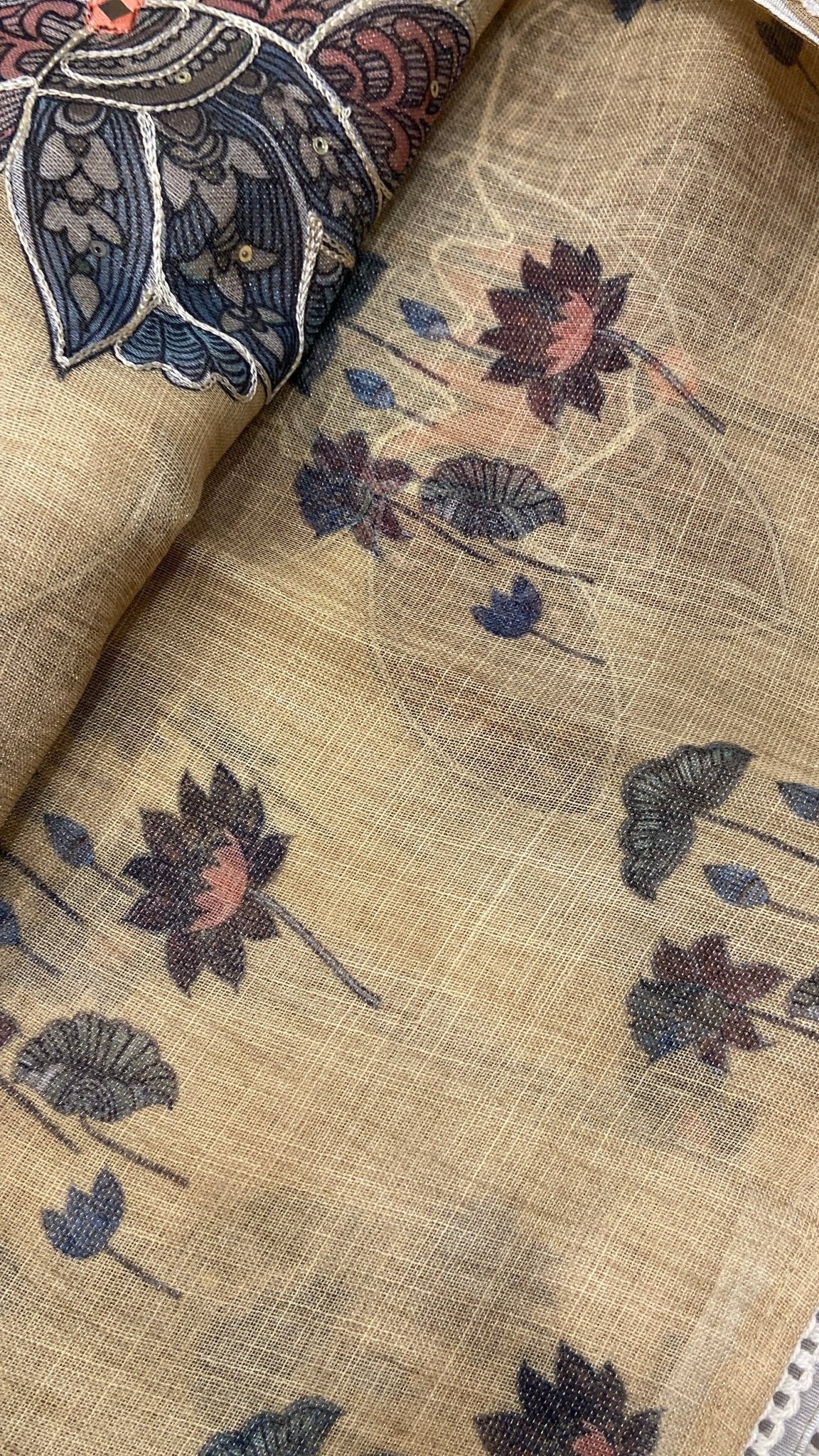 Premium Linen Tissue Saree With Applique Work - Kanjeevaram Silk Mandir
