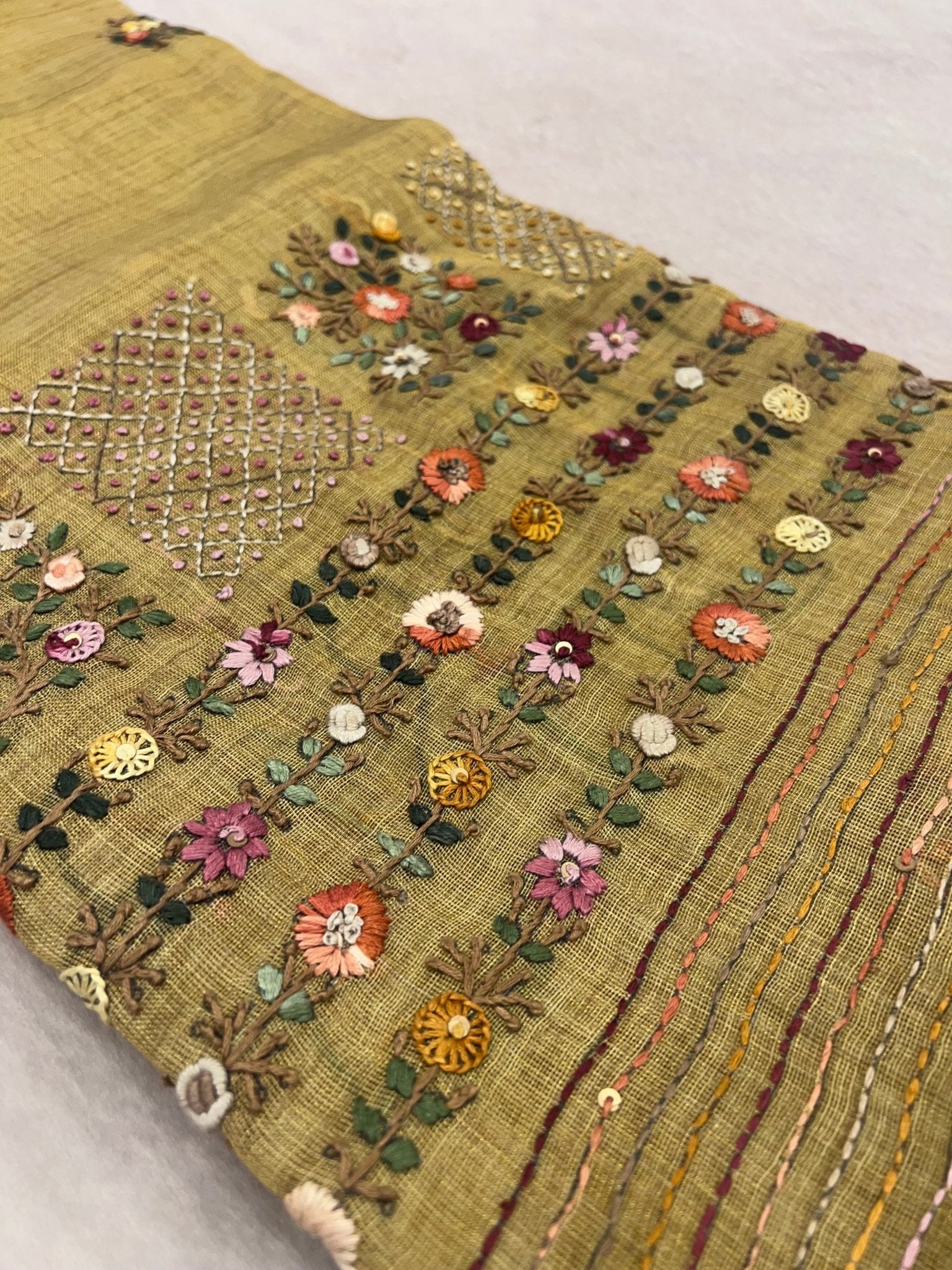 Premium Linen tissue saree with kaatha work - Kanjeevaram Silk Mandir