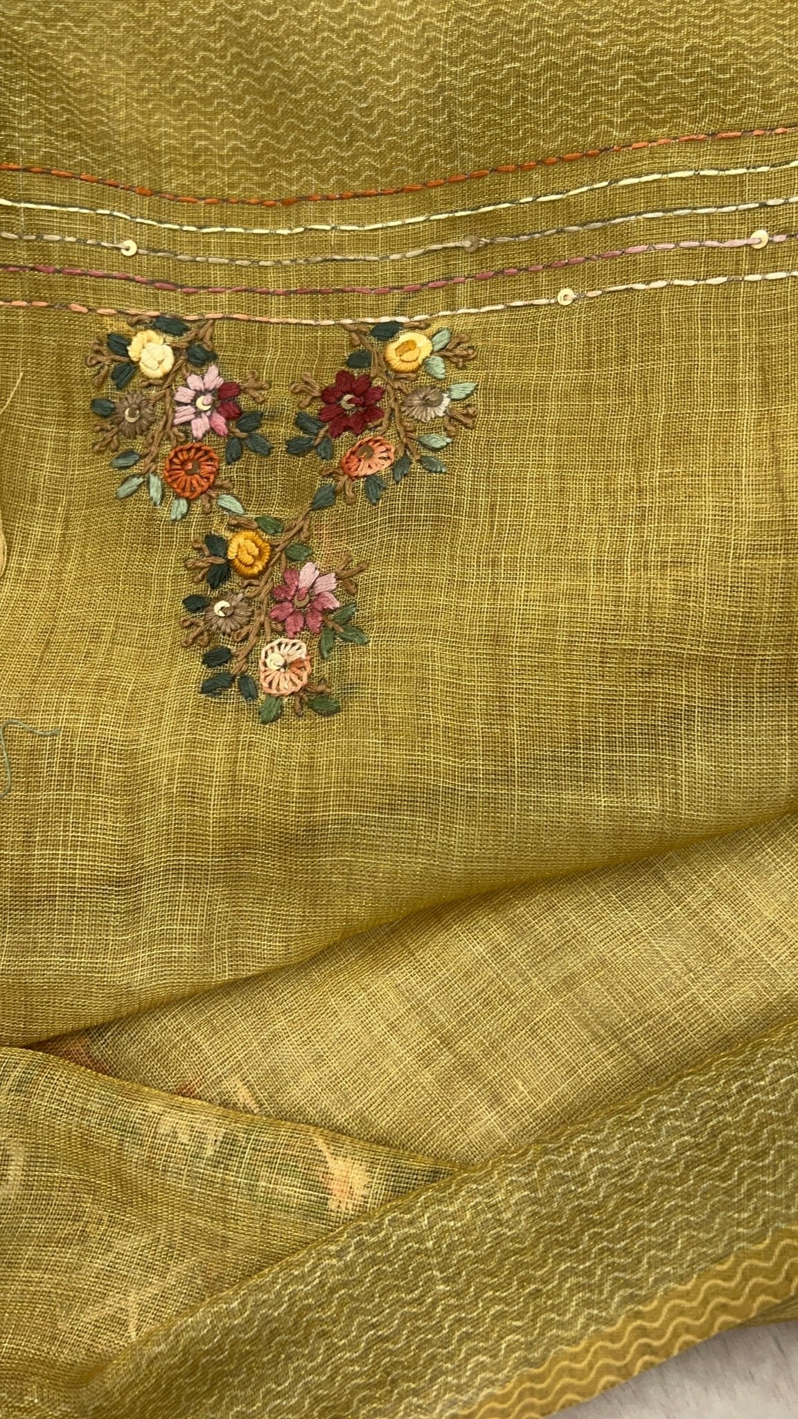 Premium Linen tissue saree with kaatha work - Kanjeevaram Silk Mandir