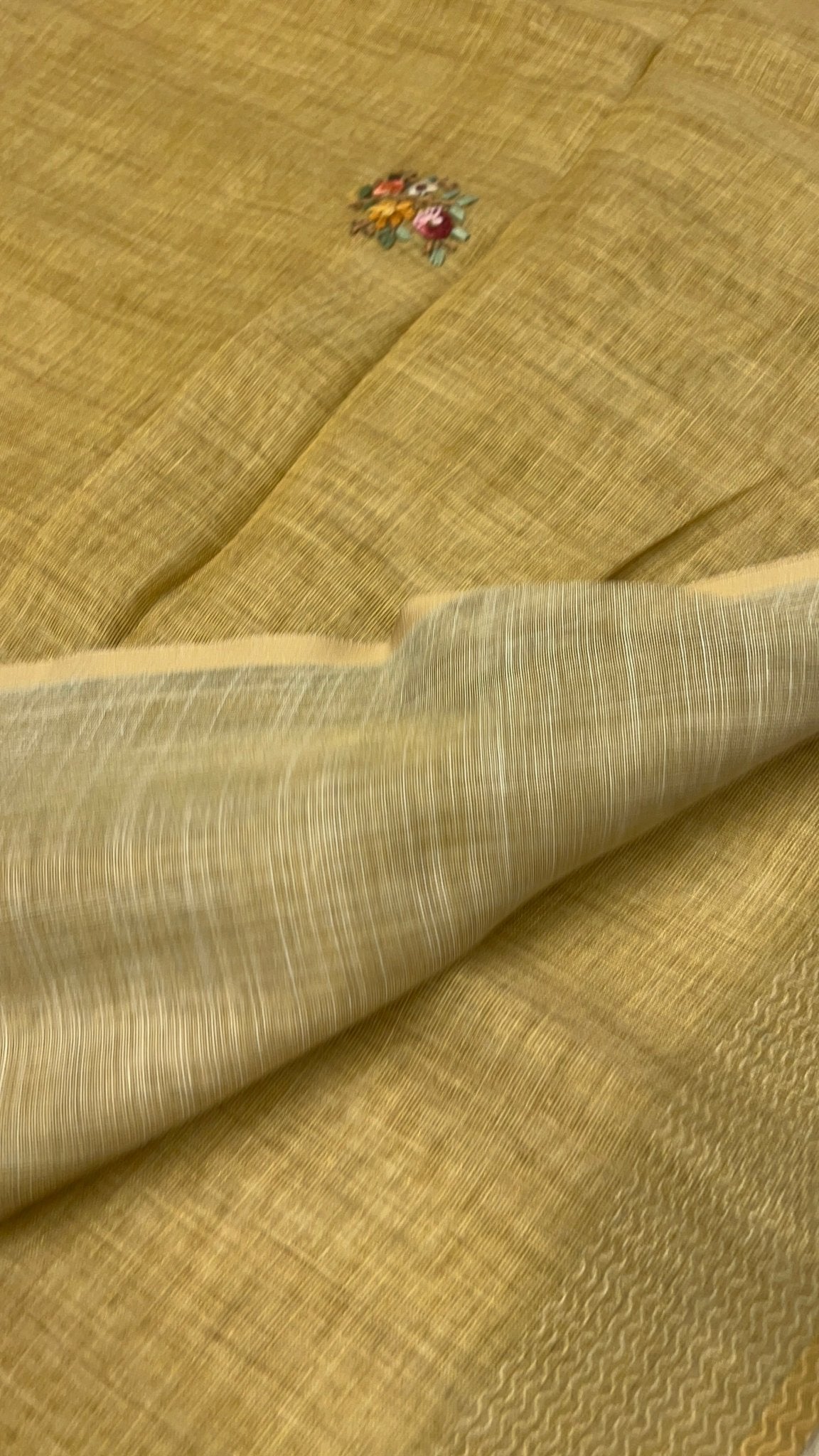 Premium Linen tissue saree with kaatha work - Kanjeevaram Silk Mandir