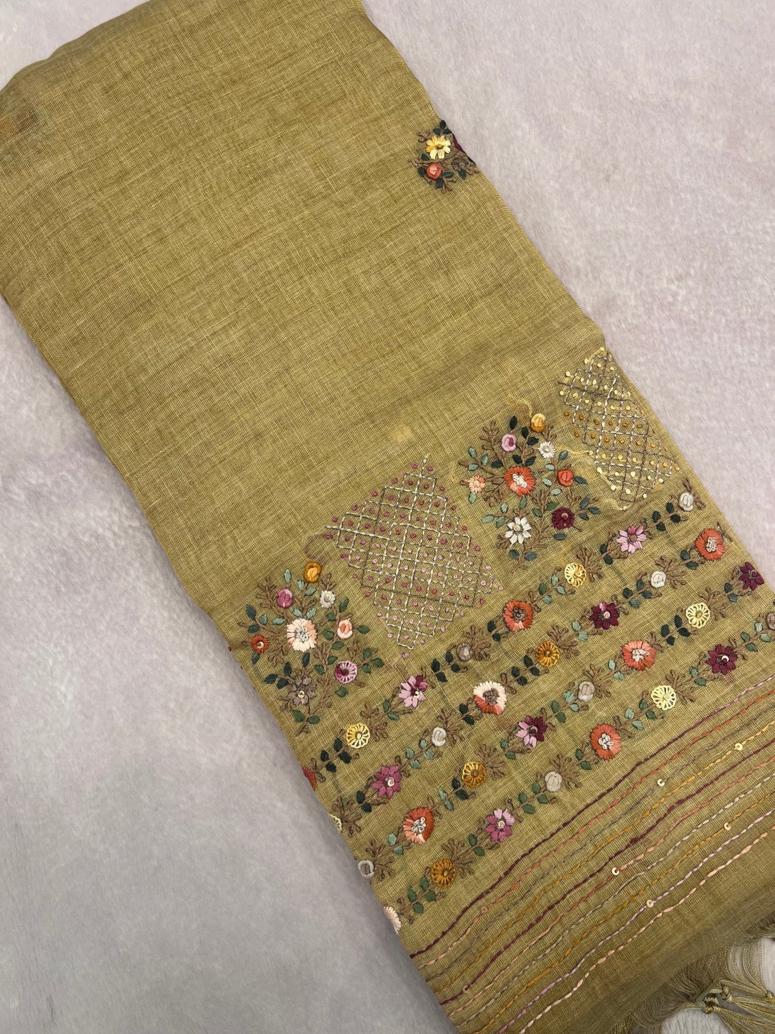 Premium Linen tissue saree with kaatha work - Kanjeevaram Silk Mandir