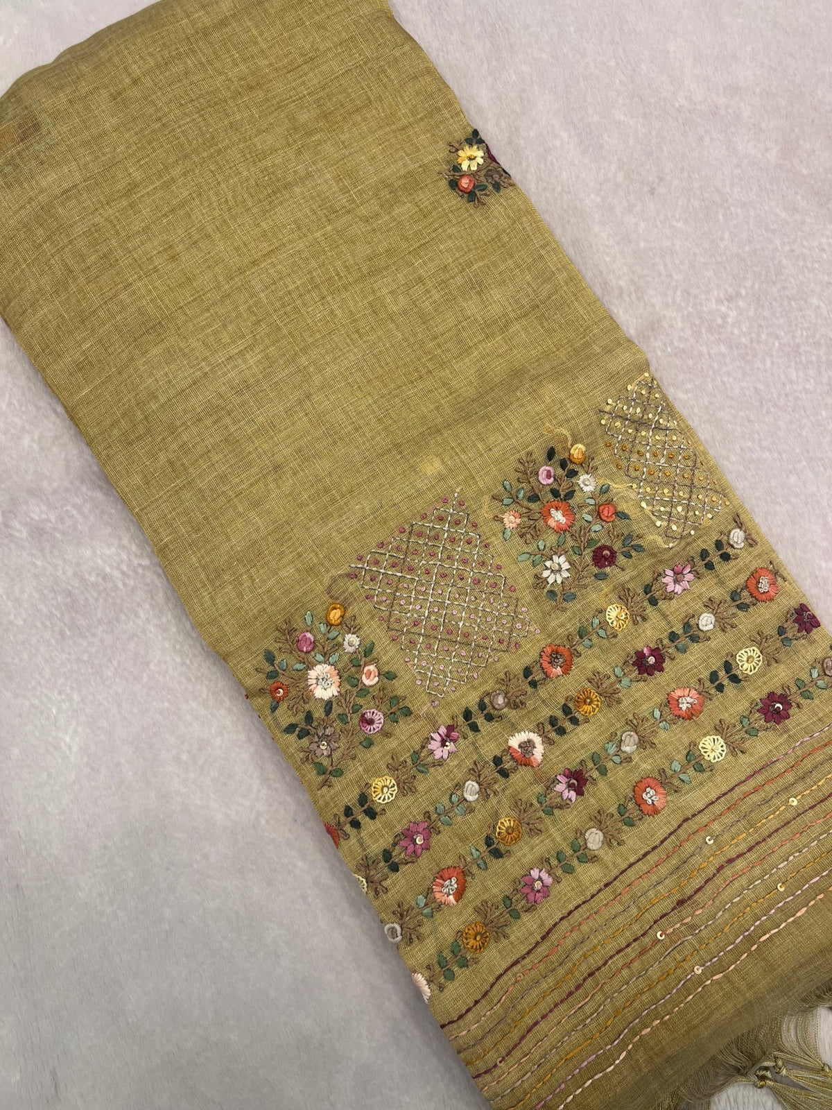 Premium Linen tissue saree with kaatha work - Kanjeevaram Silk Mandir