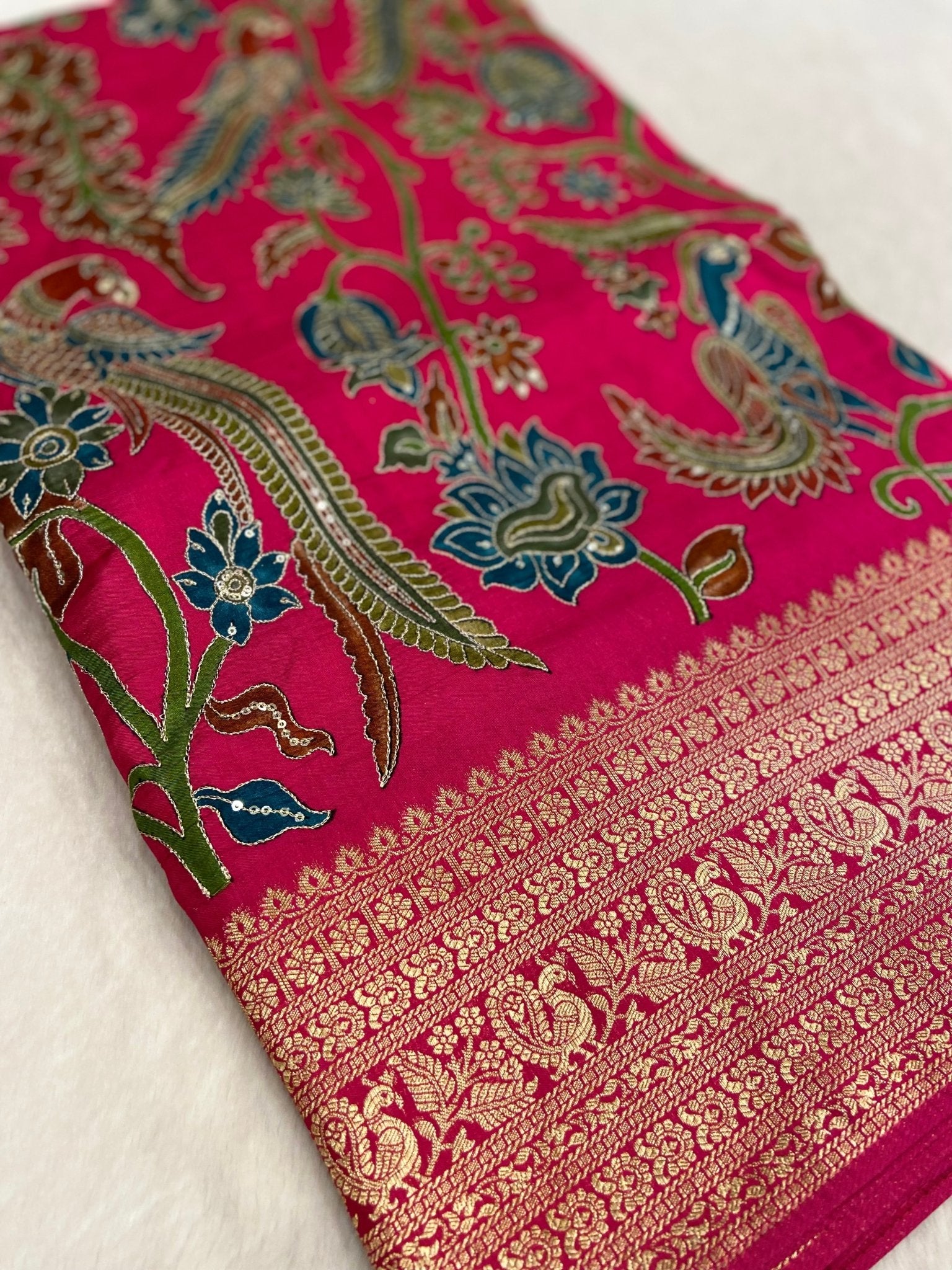 Pure Banarasi Crepe Satin Kalamkari Saree - Kanjeevaram Silk Mandir