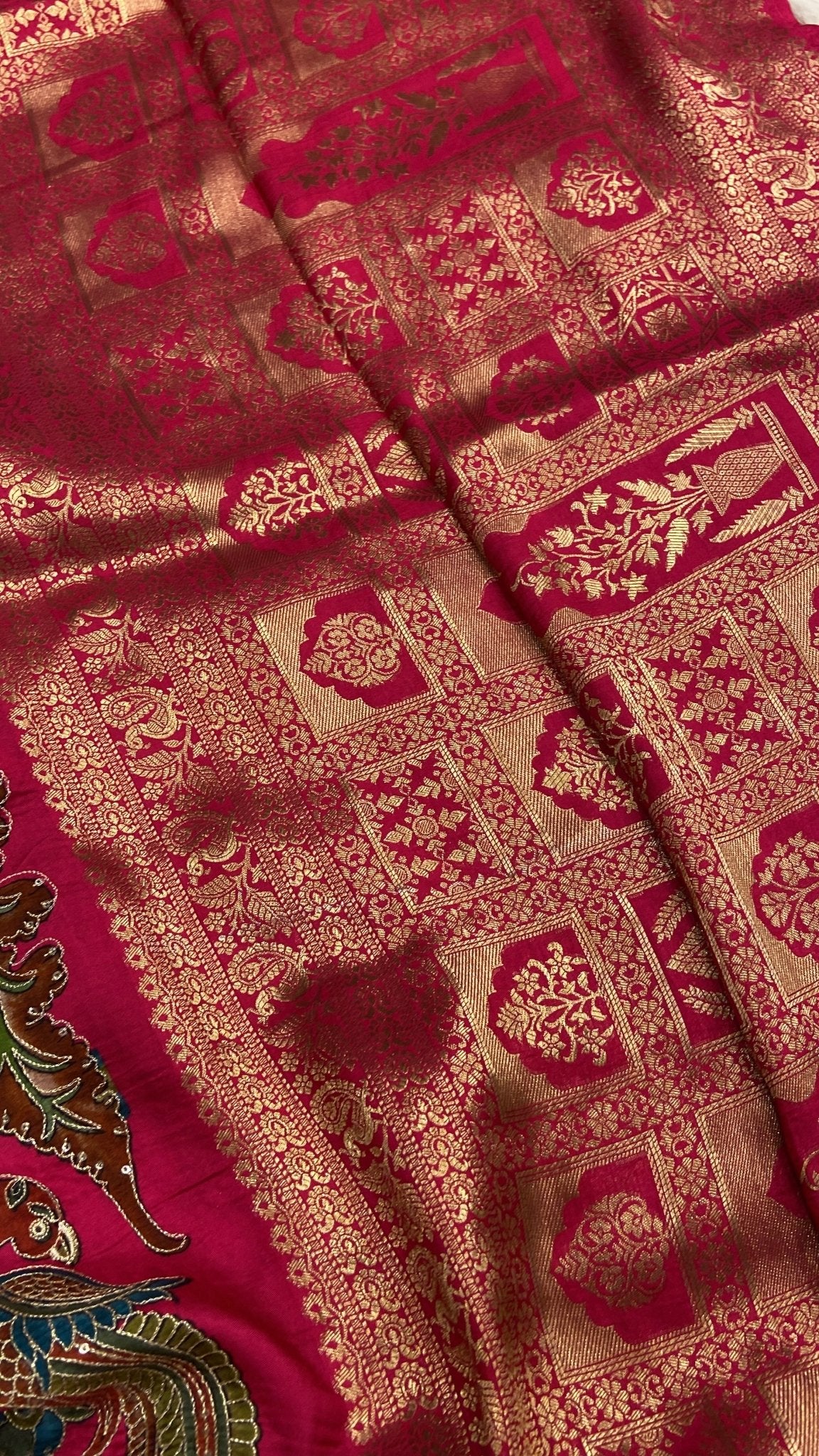 Pure Banarasi Crepe Satin Kalamkari Saree - Kanjeevaram Silk Mandir
