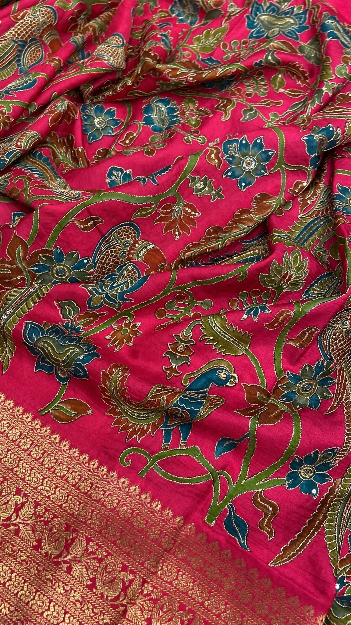 Pure Banarasi Crepe Satin Kalamkari Saree - Kanjeevaram Silk Mandir