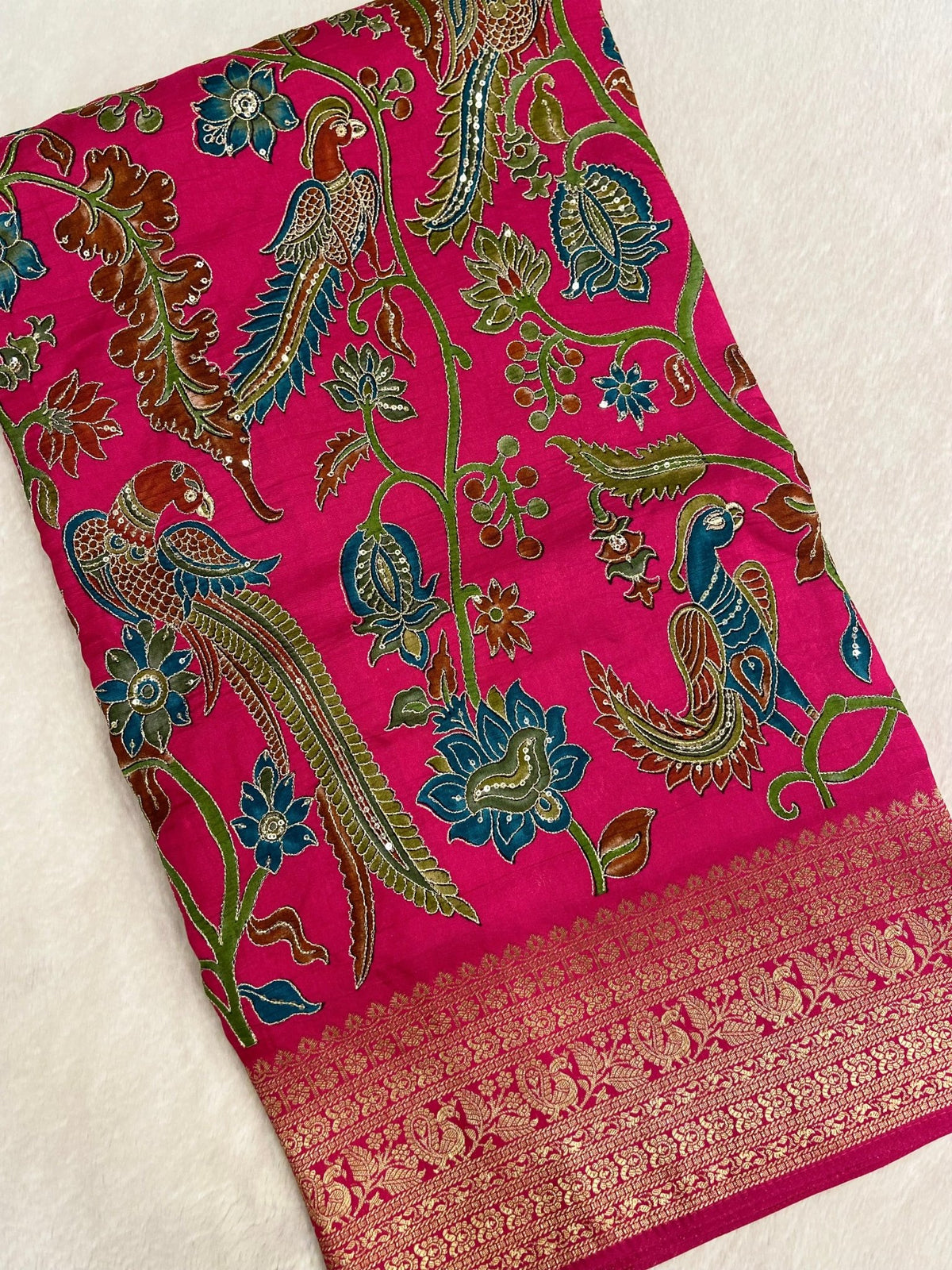 Pure Banarasi Crepe Satin Kalamkari Saree - Kanjeevaram Silk Mandir