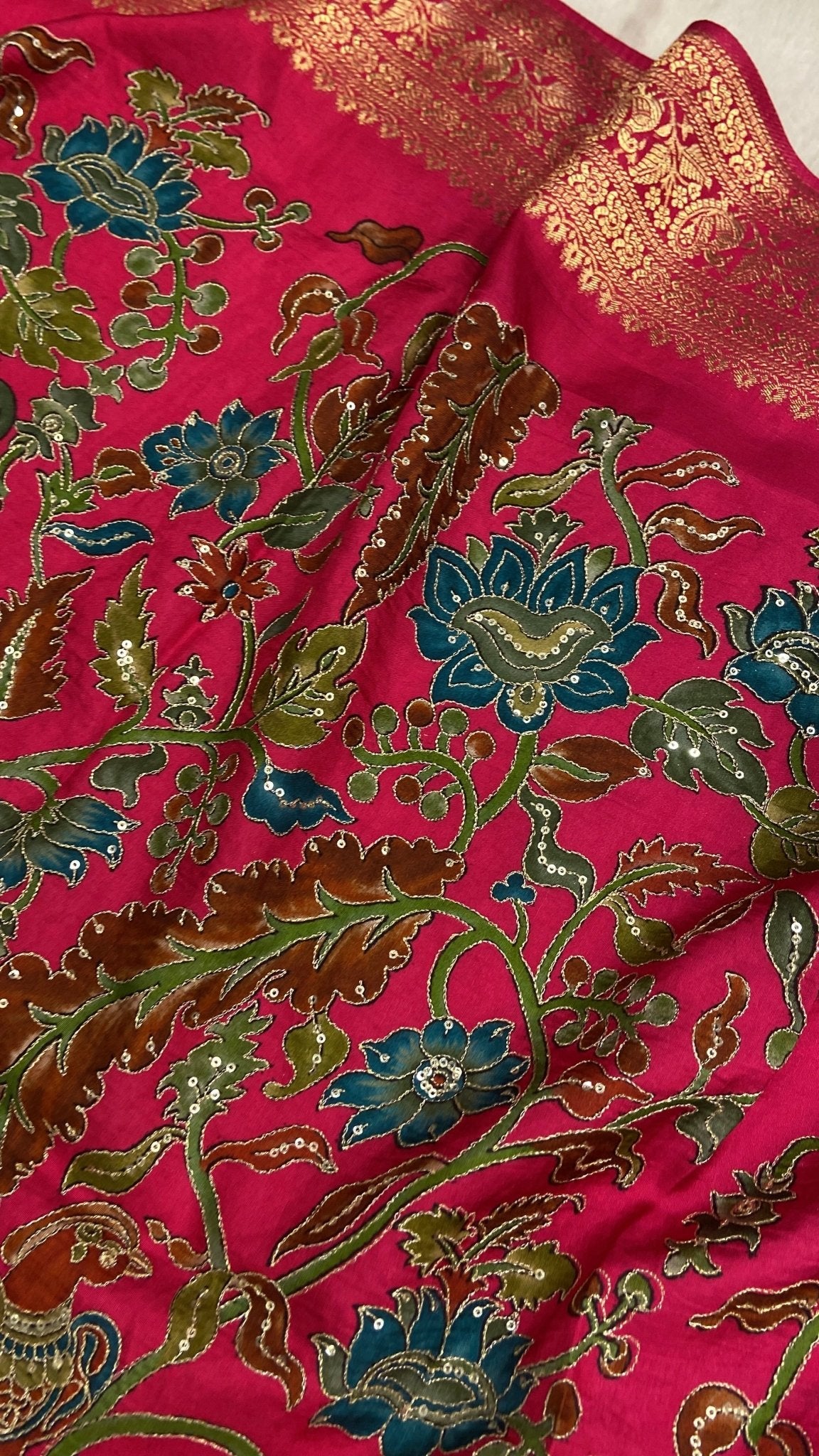 Pure Banarasi Crepe Satin Kalamkari Saree - Kanjeevaram Silk Mandir
