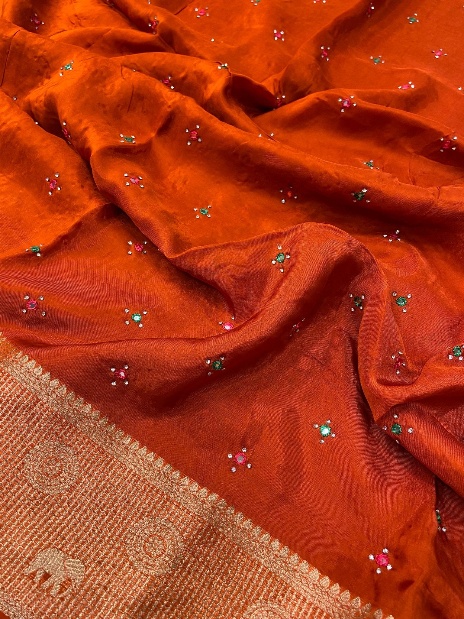 Pure crepe chinnon saree with cutdana work - Kanjeevaram Silk Mandir
