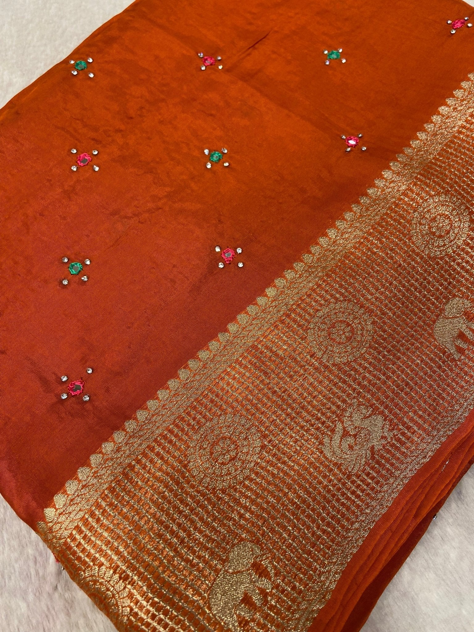 Pure crepe chinnon saree with cutdana work - Kanjeevaram Silk Mandir