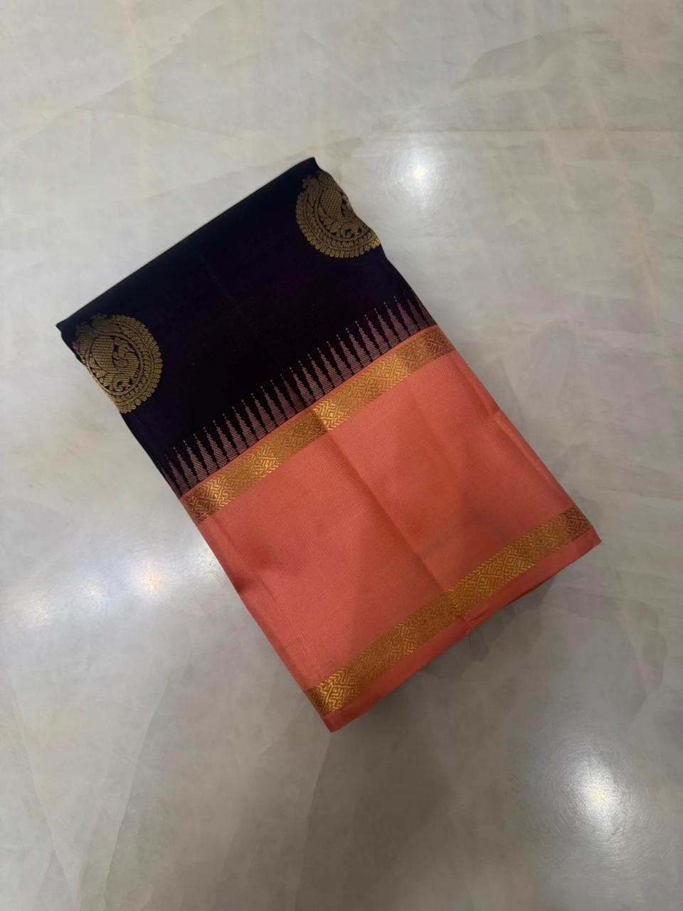 Pure Kanjeevaram silk mark certified saree (Dark Coffee brown X Peach) - Kanjeevaram Silk Mandir