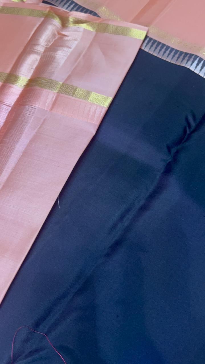 Pure Kanjeevaram silk mark certified saree (Dark Coffee brown X Peach) - Kanjeevaram Silk Mandir