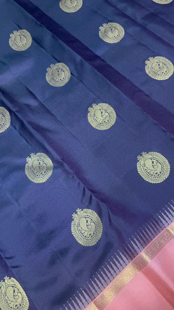 Pure Kanjeevaram silk mark certified saree (Dark Coffee brown X Peach) - Kanjeevaram Silk Mandir