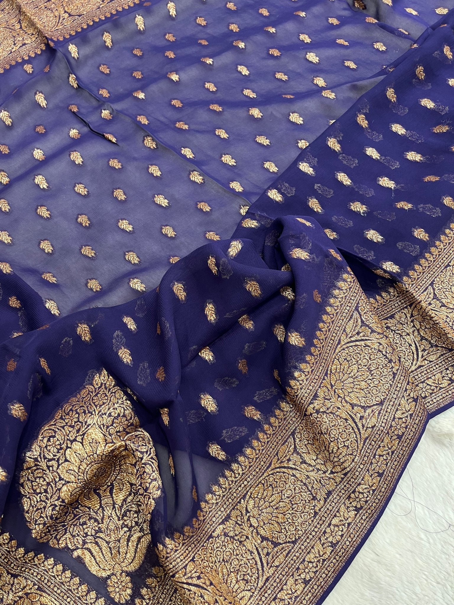 Pure Mix Crepe Georgette Saree(purplish blue) - Kanjeevaram Silk Mandir