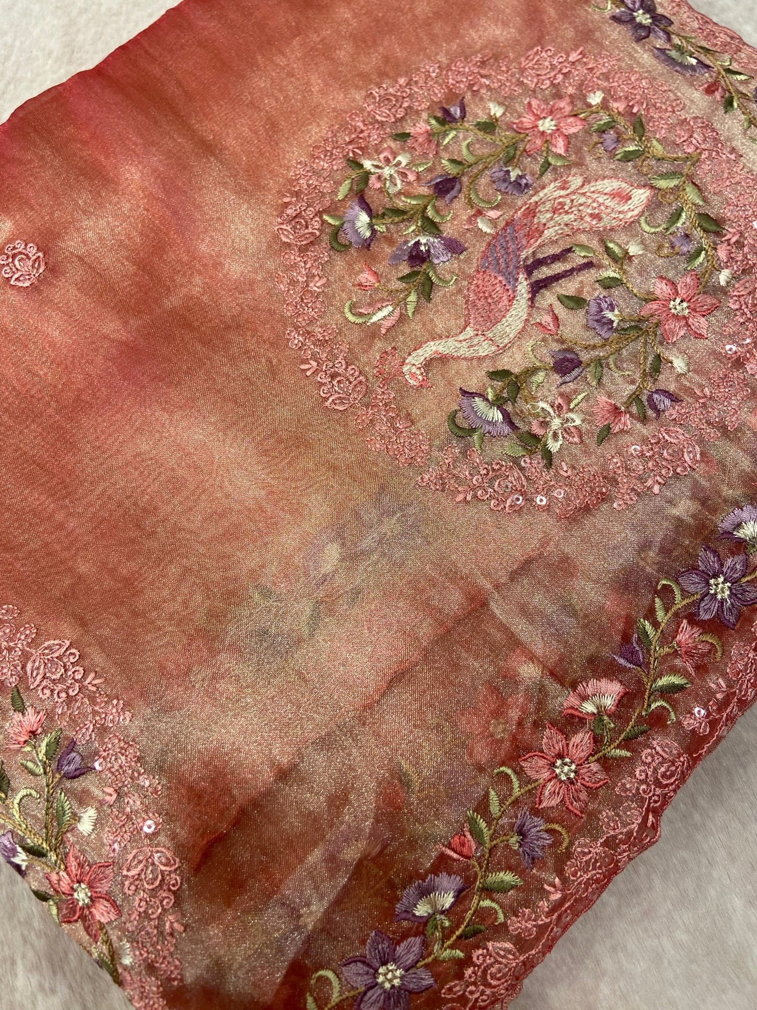 Pure Soft Tissue Organza Saree (peach) - Kanjeevaram Silk Mandir