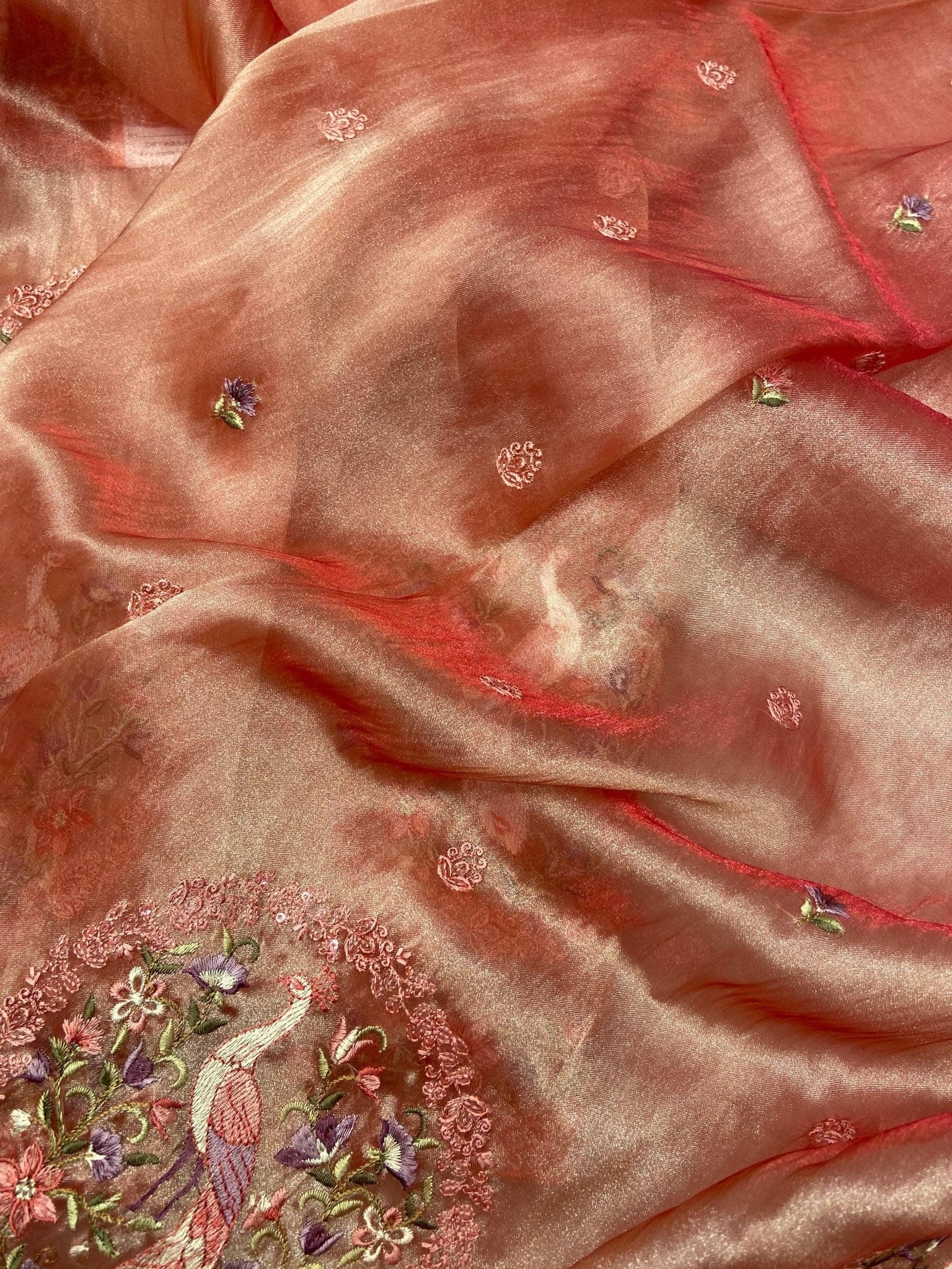 Pure Soft Tissue Organza Saree (peach) - Kanjeevaram Silk Mandir