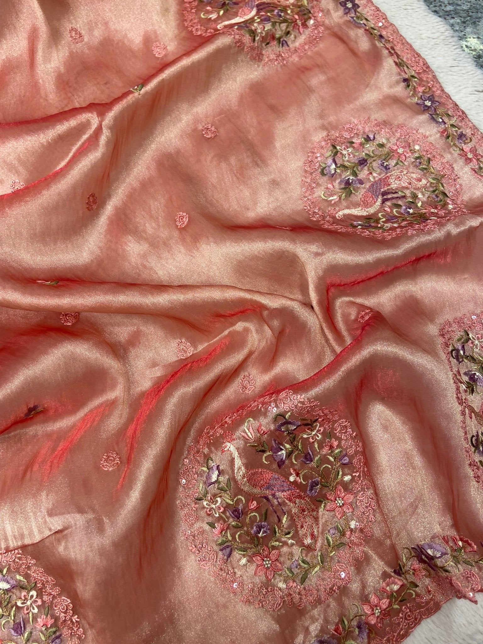 Pure Soft Tissue Organza Saree (peach) - Kanjeevaram Silk Mandir