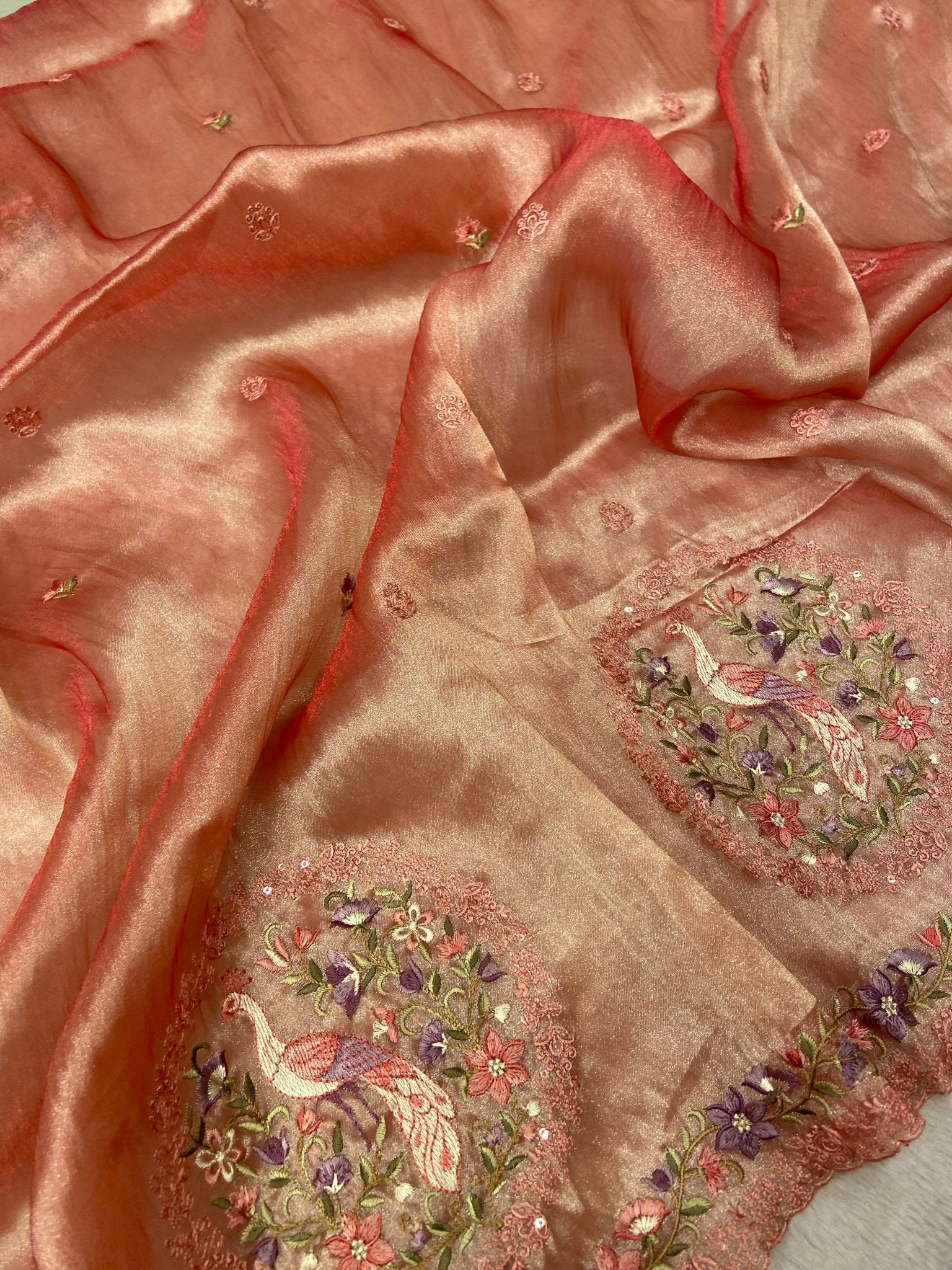 Pure Soft Tissue Organza Saree (peach) - Kanjeevaram Silk Mandir