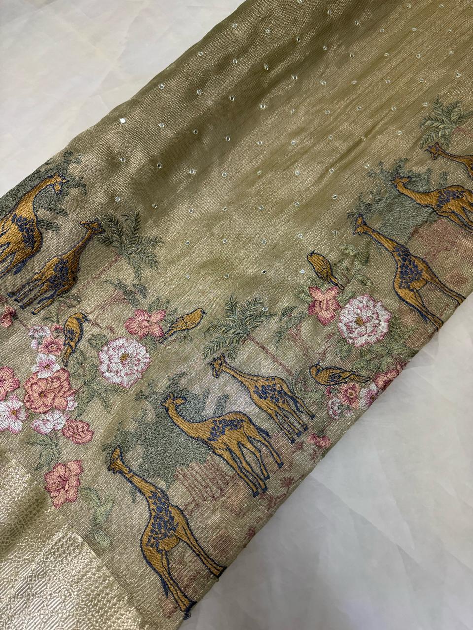 Pure organza saree with thread embroidery border and mirror work