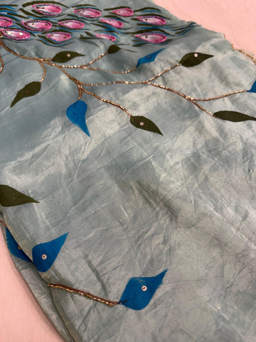 Premium crush organza saree (Bluish Green)