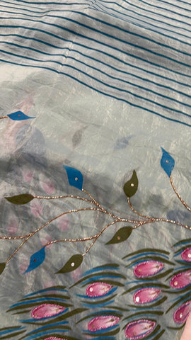 Premium crush organza saree (Bluish Green)