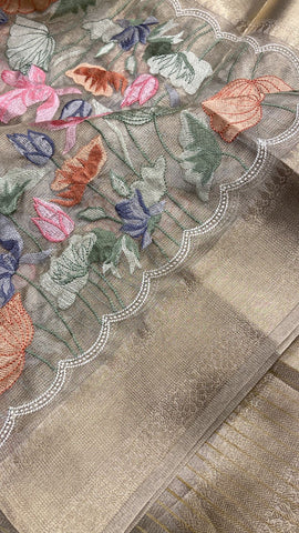 Premium gold tissue organza saree with thread embroidery