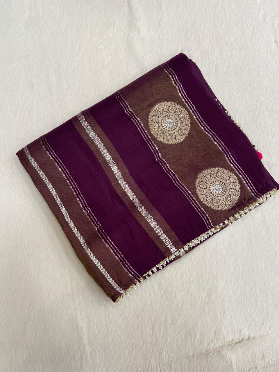 Pure Chinnon Saree With Cutdana work (wine)