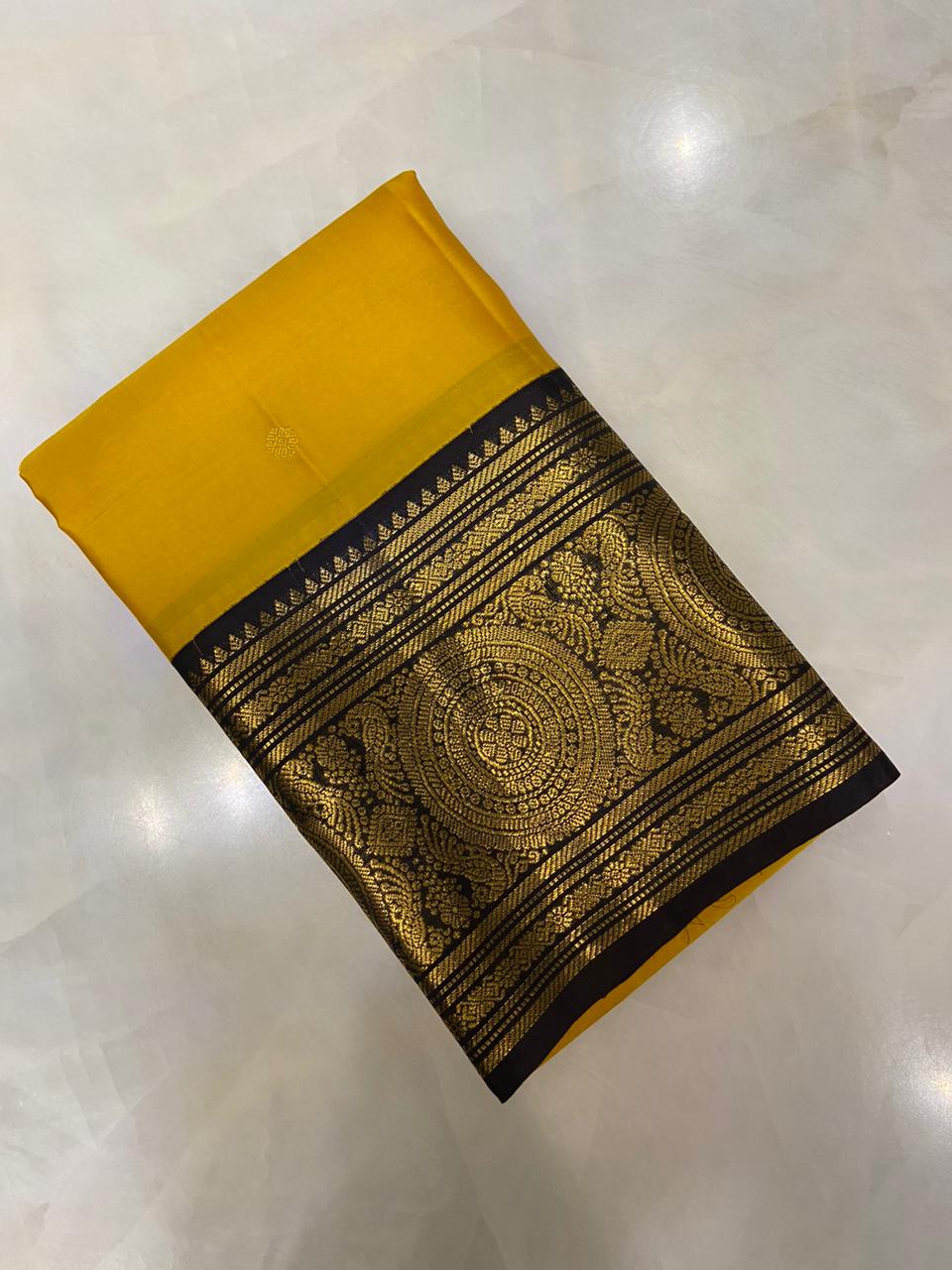 Pure Zari handloom Kanjeevaram silk mark certified saree (Mustardy yellow X Dark coffee brown)