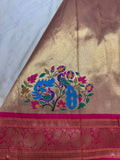 Premium quality semi Paithani silk saree - white with reddish pink border