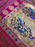 Premium quality semi Paithani silk saree - white with reddish pink border