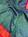 Premium quality semi Paithani silk saree - Peacock blue with reddish pink border
