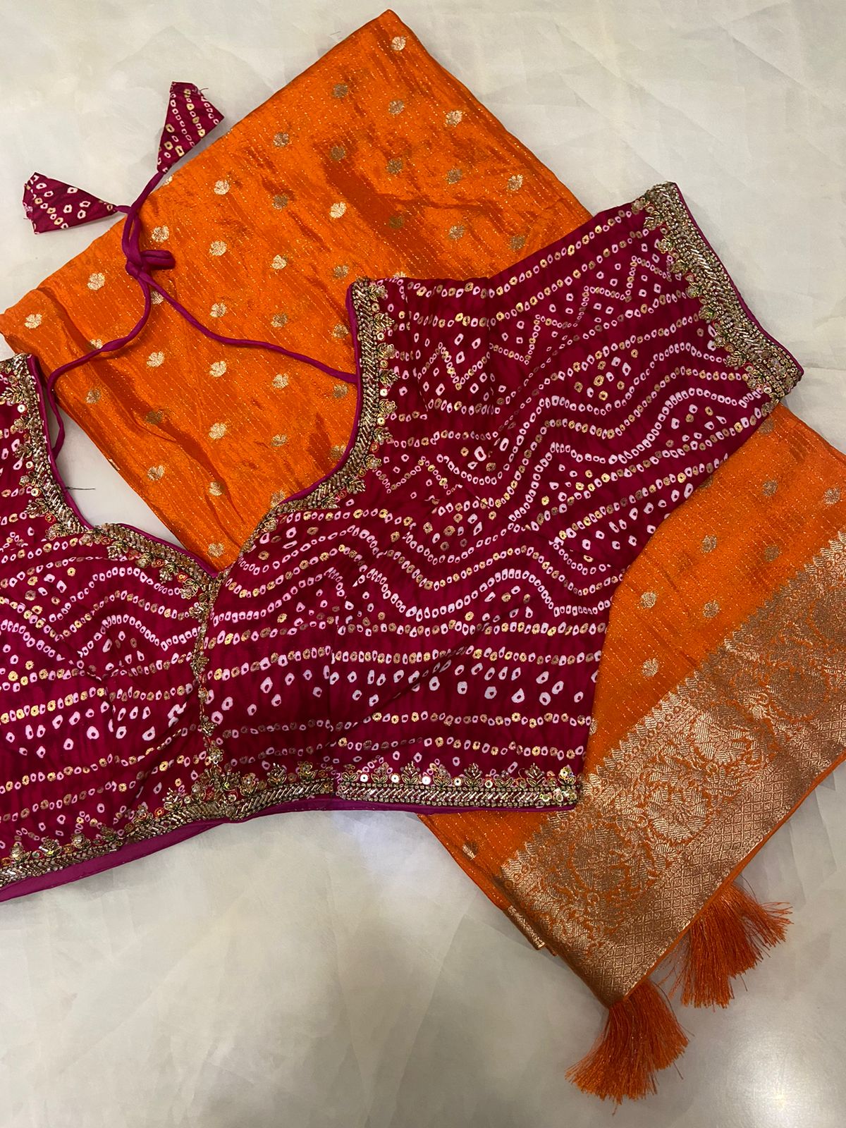 Pure chinnon saree with bandhani blouse