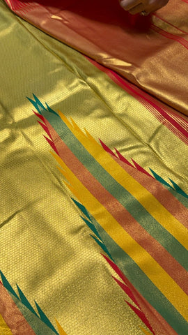 Semi Kanchipuram silk saree with multicoloured temple border