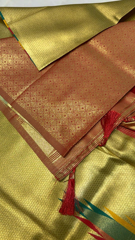 Semi Kanchipuram silk saree with multicoloured temple border