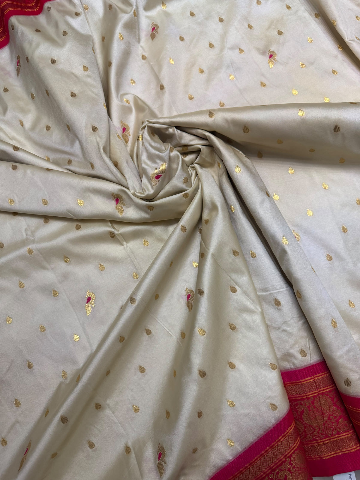Premium quality semi Paithani silk saree - white with reddish pink border