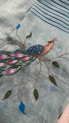 Premium crush organza saree (Bluish Green)