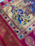 Premium quality semi Paithani silk saree - Blue with reddish pink border