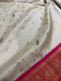 Premium quality semi Paithani silk saree - white with reddish pink border