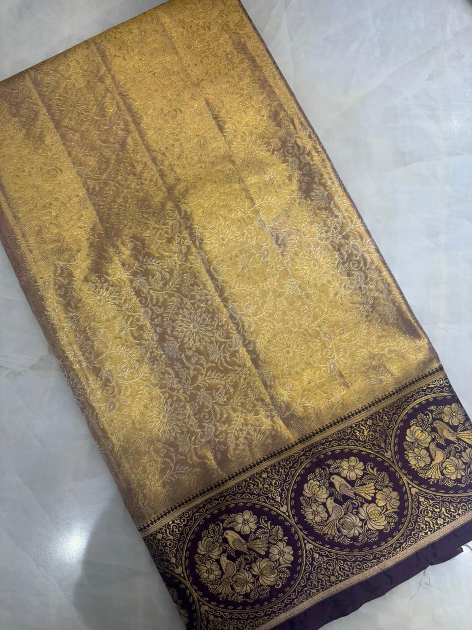 Pure Kanjeevaram silk mark certified saree (Biegish Champagne gold X Purple )